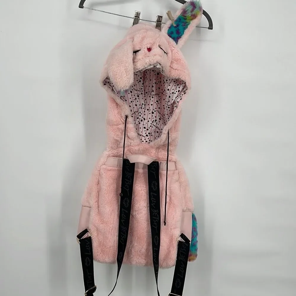 Betsey Johnson Hooded Rabbit School Travel Backpack Pink EUC Adorable Fury Bunny